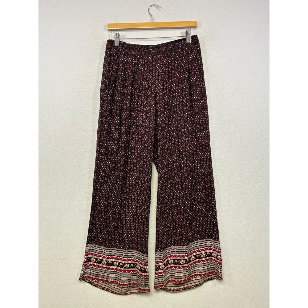 Boho Hippie Black Note Womens Medium Black Red Print Wide Leg Palazzo Pants